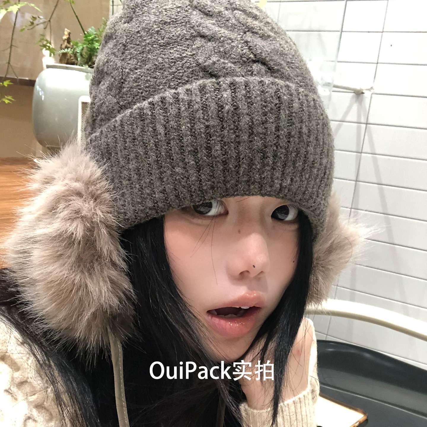 秋冬季毛线帽女韩版可爱毛绒护耳雷锋帽户外保暖纯色滑雪针织帽子